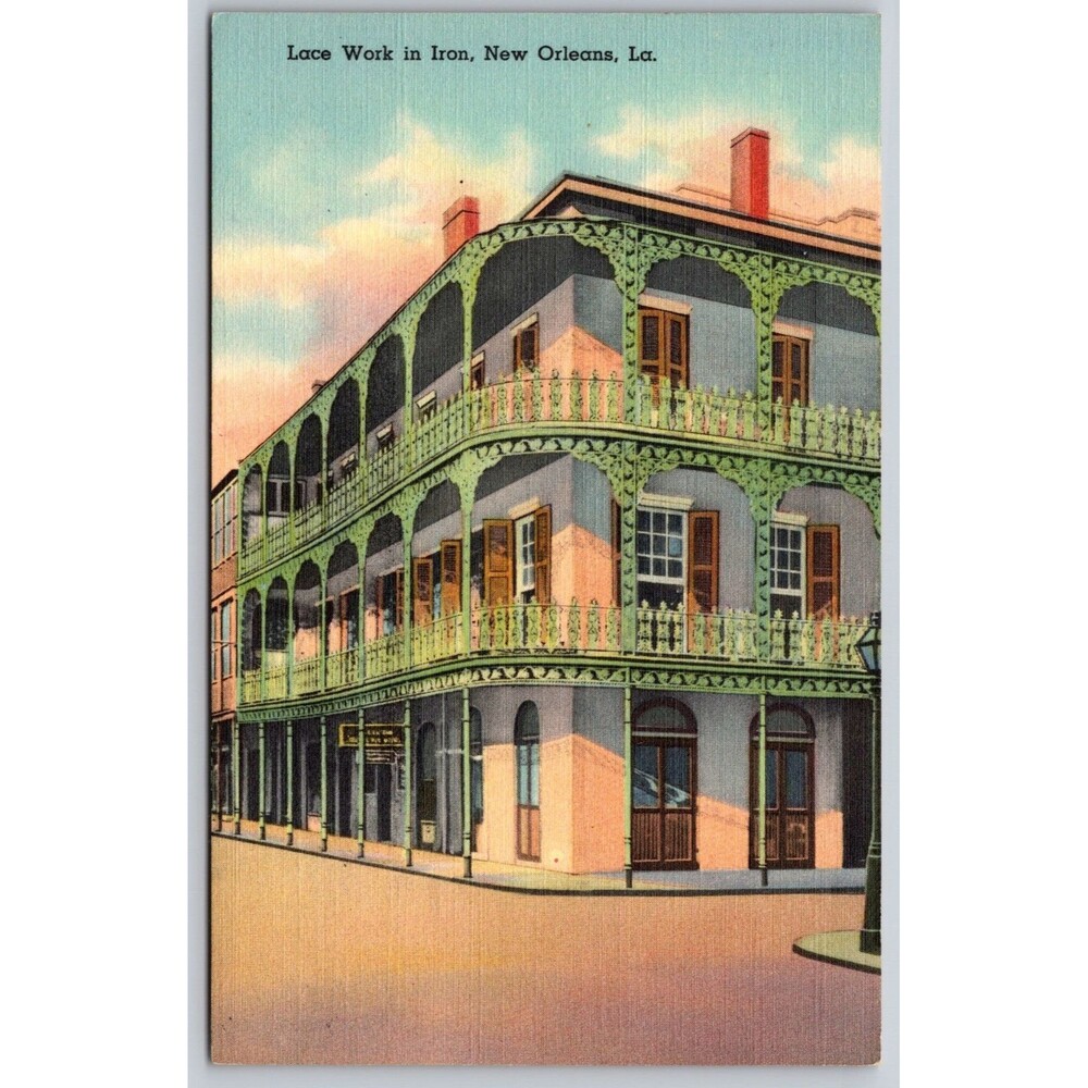 Postcard Louisiana New Orleans Lace Work In Iron Lacework Balcony Linen c1940s